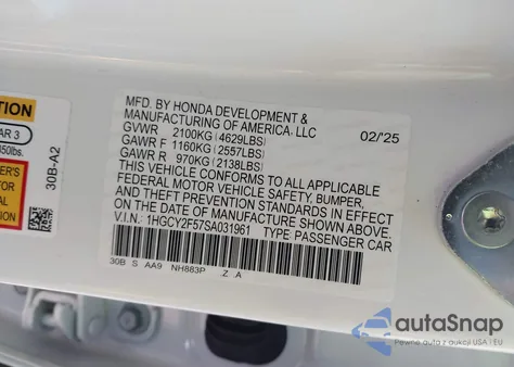 2025 Honda Accord Hybrid Sport из США, поврежденный, VIN 1HGCY2F57SA031961